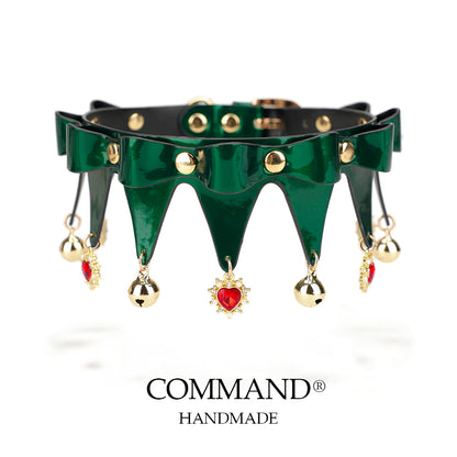 Christmas Emerald Jester Choker Green Leather with Red Heart Charms