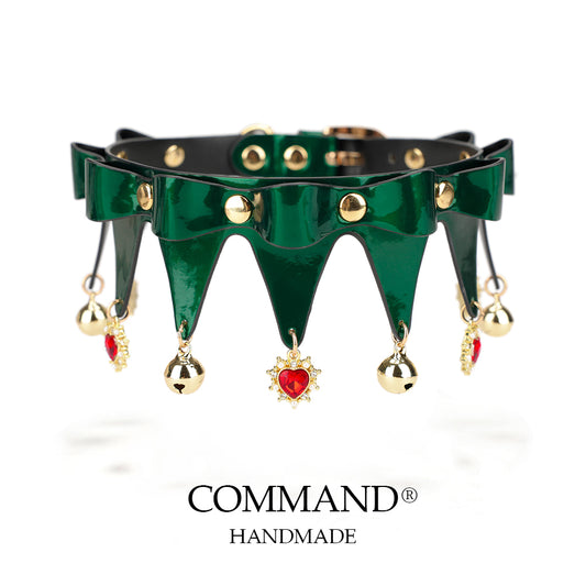 Christmas Emerald Jester Choker Green Leather with Red Heart Charms