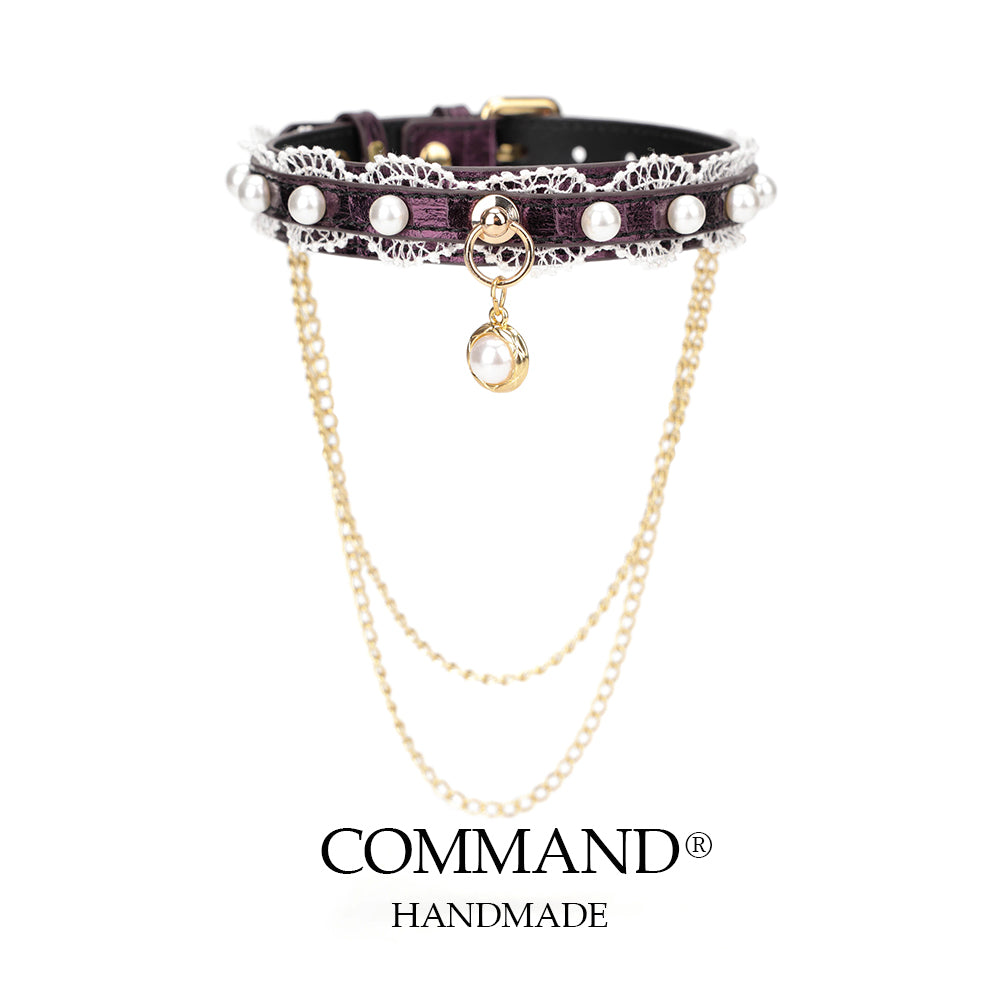 Helen Pastel Leather Choker with Lace Trim, Pearl Accents & Gold Chain