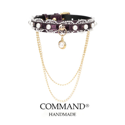 Helen Pastel Leather Choker with Lace Trim, Pearl Accents & Gold Chain