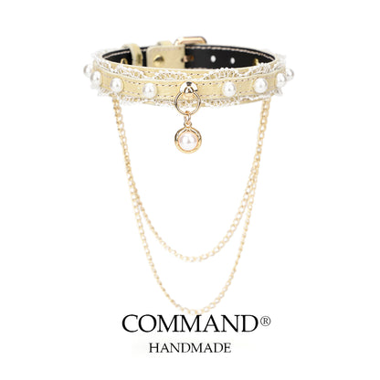 Helen Pastel Leather Choker with Lace Trim, Pearl Accents & Gold Chain