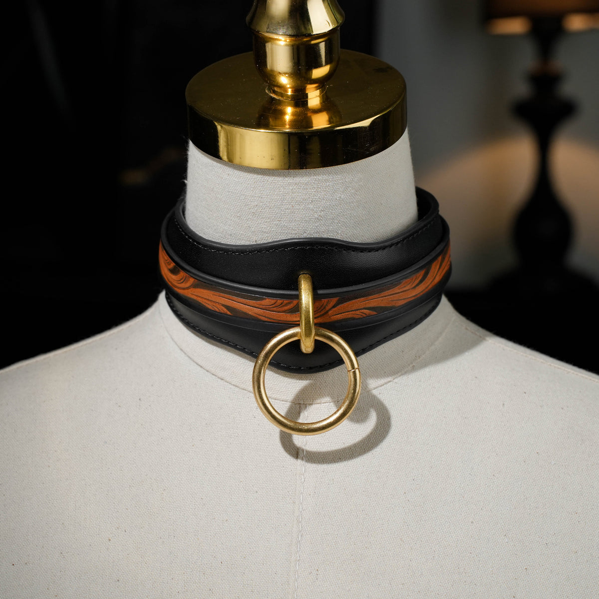 Carved Brown Engraved Collar With O Ring