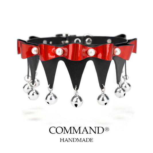 Jester’s Mirage Pearl Triangle Choker with Bell — Black & Red